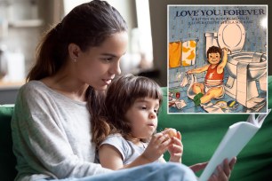 (Main) A mother and child reading. (Inset) Book artwork of Robert Munsch's children's book "Love You Forever."