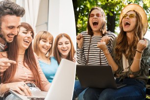 Group of students or teenagers with laptop and tablet pc computers at home having fun