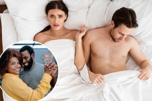 Gizele Oliveira and a man lying in bed