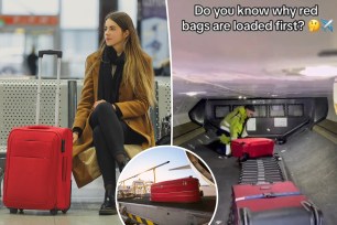 A woman sitting on a chair with her luggage