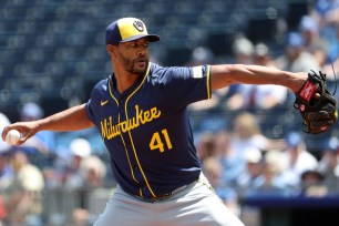 Starting pitcher Joe Ross #41 of the Milwaukee Brewers gets the ball against the Pirates. 