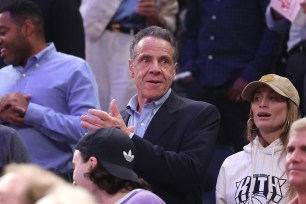 Former Governor of New York, Andrew Mark Cuomo, reacting in the stands during the fourth quarter of the New York Knicks Vs. Philadelphia 76ers NBA playoffs game at Madison Square Garden