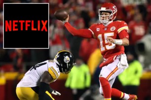 Netflix logo and Chiefs' Patrick Mahomes