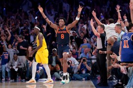 OG Anunoby celebrates after hitting a 3-pointer in the Knicks' Game 2 win vs. the Pacers.