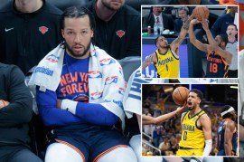 Jalen Brunson watches the end of the Knicks' Game 4 loss; Obi Toppin blocks Alec Burks; Tyrese Haliburton celebrates