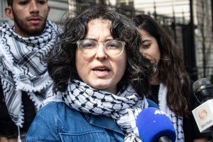 A woman speaking into a microphone in a newspress collage