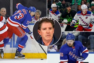 Matt Rempe battles for puck in the Rangers-Hurricanes series; K'Andre Miller and Jacob Trouba vs. the Stars; Jack Roslovic