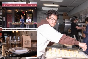 (Main) Small, 14, cooking. (Top Left) Alexander Morris, 14, and Small in front of Tastings NYC. (Bottom Left) Table setting at Small's dinner with Ronald McDonald House bag. 