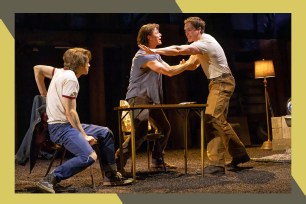 Actors from "The Outsiders" squabble in a scene from the musical.