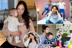 (Left) Alicia Murray, 33, from Syracuse, NY, with six-month-old son. (Top right) A stressed mom with burnout nursing a headache as her kids jump on the bed. (Bottom Right) Mom trying to work and manage son. (Inset) Murray.